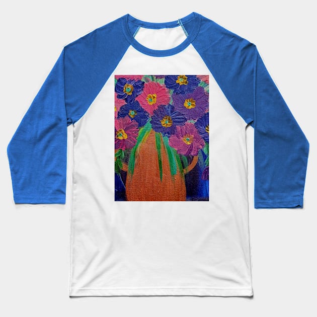 Abstract purple and blue flowers in a jug vase Baseball T-Shirt by kkartwork